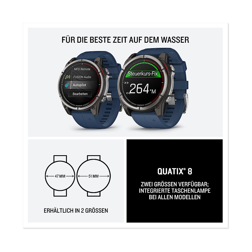 Zwei Garmin Quatix 8 Smartwatches (blaues Kunststoffarmband, Metallgehäuse), links mit MFD Remote, rechts mit Steuerkurs-Fix 264°M.