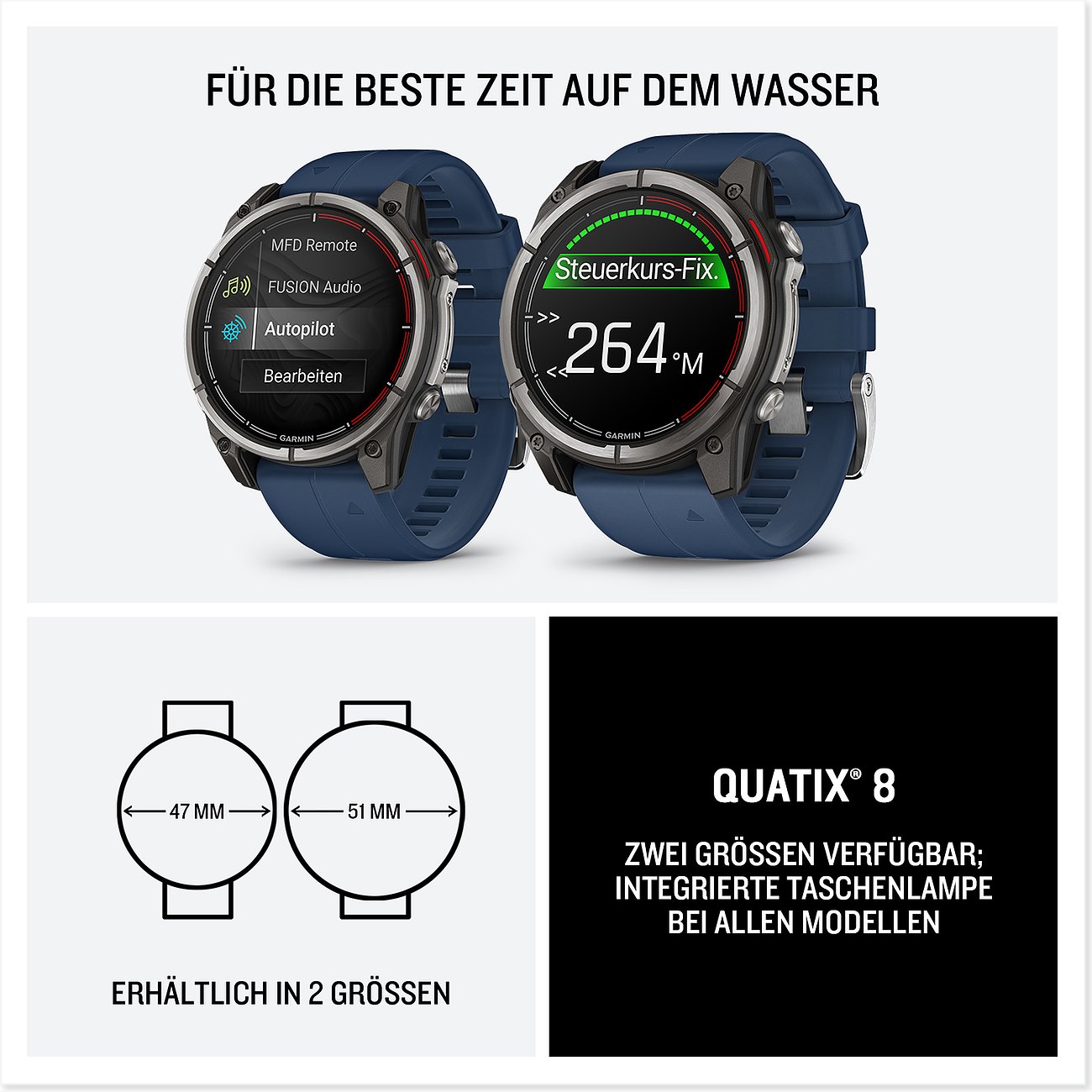 Zwei Garmin Quatix 8 Smartwatches (blaues Kunststoffarmband, Metallgehäuse), links mit MFD Remote, rechts mit Steuerkurs-Fix 264°M.