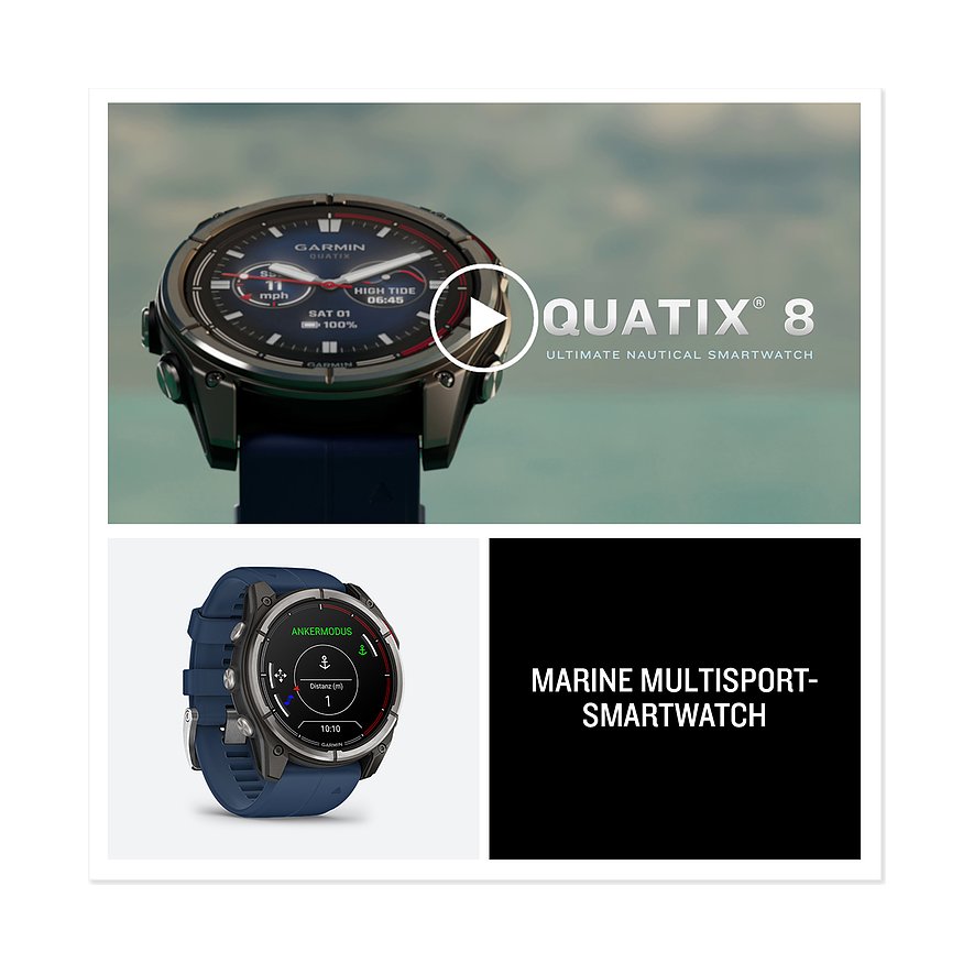 Eine Nahaufnahme der Garmin Quatix 8 Smartwatch aus Metall und Kunststoff mit Display auf einem Bildschirm.