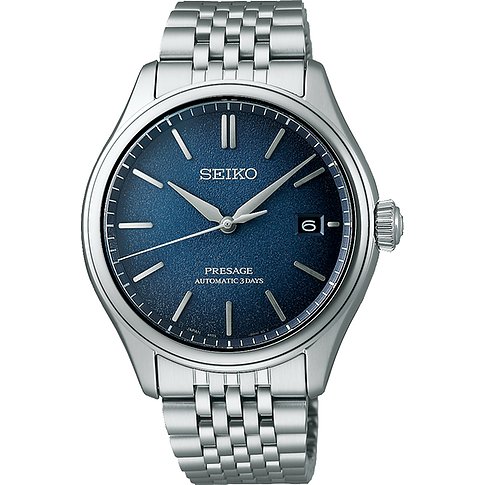 Seiko Herrenuhr aus blauem und silberfarbenem Edelstahl. Die Uhr hat ein mattblaues Zifferblatt mit Datumsanzeige.