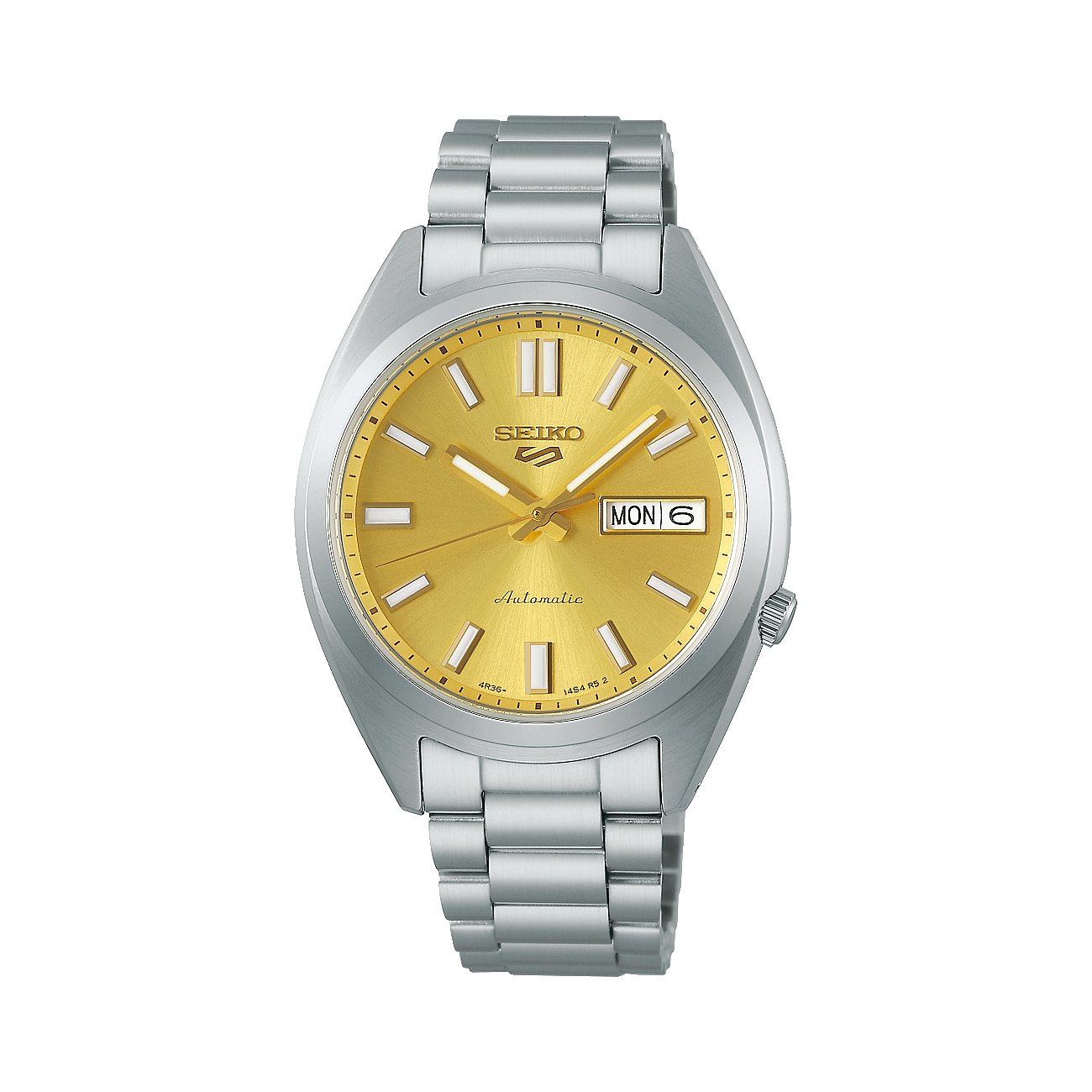 Seiko Herrenuhr aus Edelstahl mit einem gelben Zifferblatt, silbernen Indexen und einem Datumsfenster.