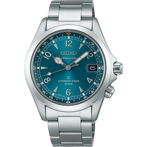 Seiko Herrenuhr aus Edelstahl mit türkisem Zifferblatt und silberfarbenen Indizes, Datum bei 3 Uhr, zwei Kronen.