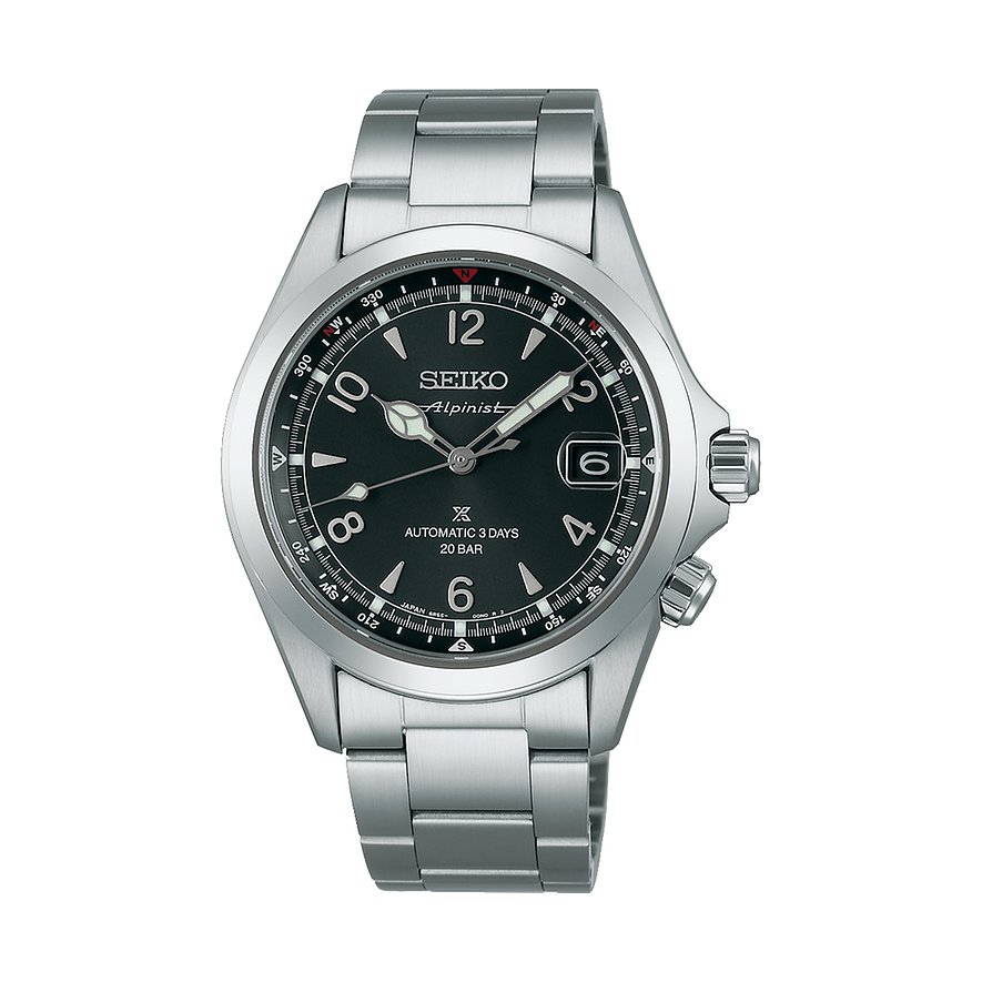 Seiko Herrenuhr aus Edelstahl mit dunklem Zifferblatt, auf einem weißen Hintergrund aus der Vorderansicht.