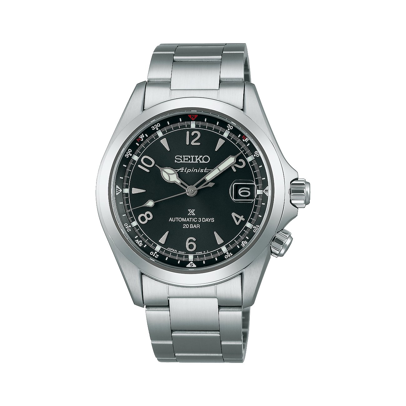 Seiko Herrenuhr aus Edelstahl mit dunklem Zifferblatt, auf einem weißen Hintergrund aus der Vorderansicht.
