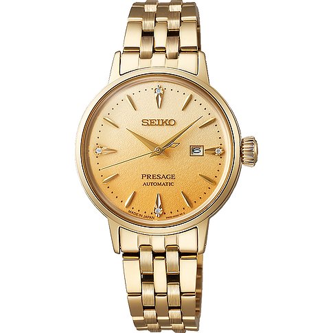 Nahaufnahme einer luxuriösen Seiko Damenuhr aus goldfarbenem Edelstahl mit Diamanten auf dem Zifferblatt.