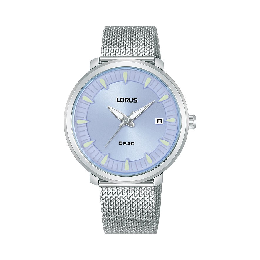 Lorus Damenuhr aus Edelstahl mit silbernem Mesh-Armband und hellem Zifferblatt mit Leuchtindizes.