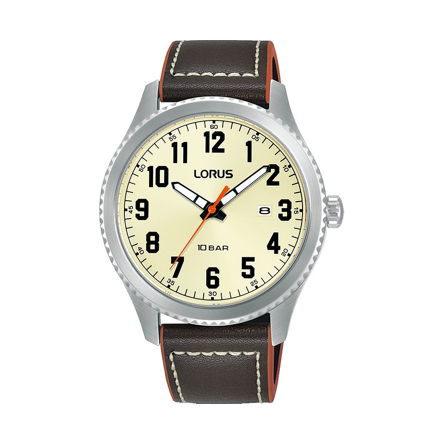 Lorus herenhorloge: rvs, beige wijzerplaat, bruine lederen band en oranje accenten.