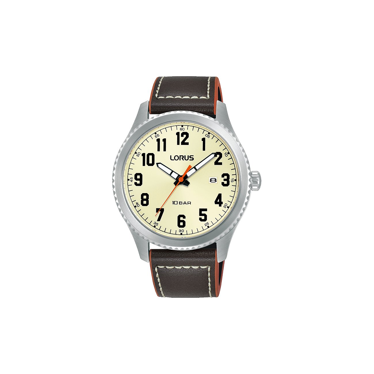Lorus herenhorloge: rvs, beige wijzerplaat, bruine lederen band en oranje accenten.