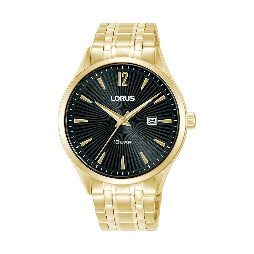 Lorus Herrenuhr aus goldfarbenem Edelstahl mit schwarzem Zifferblatt und goldenen Zeigern und Indizes.