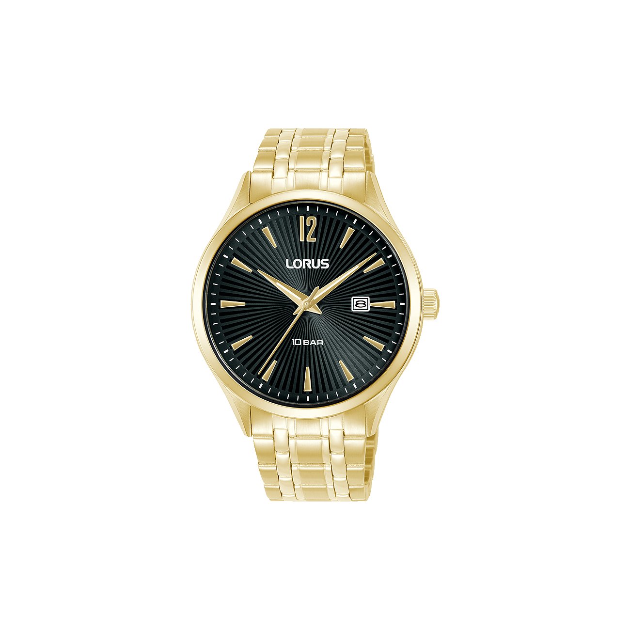 Lorus Herrenuhr aus goldfarbenem Edelstahl mit schwarzem Zifferblatt und goldenen Zeigern und Indizes.