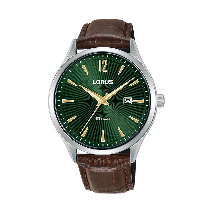 Lorus Herrenuhr aus Edelstahl mit braunem Lederarmband und grünem Zifferblatt mit goldenen Akzenten.