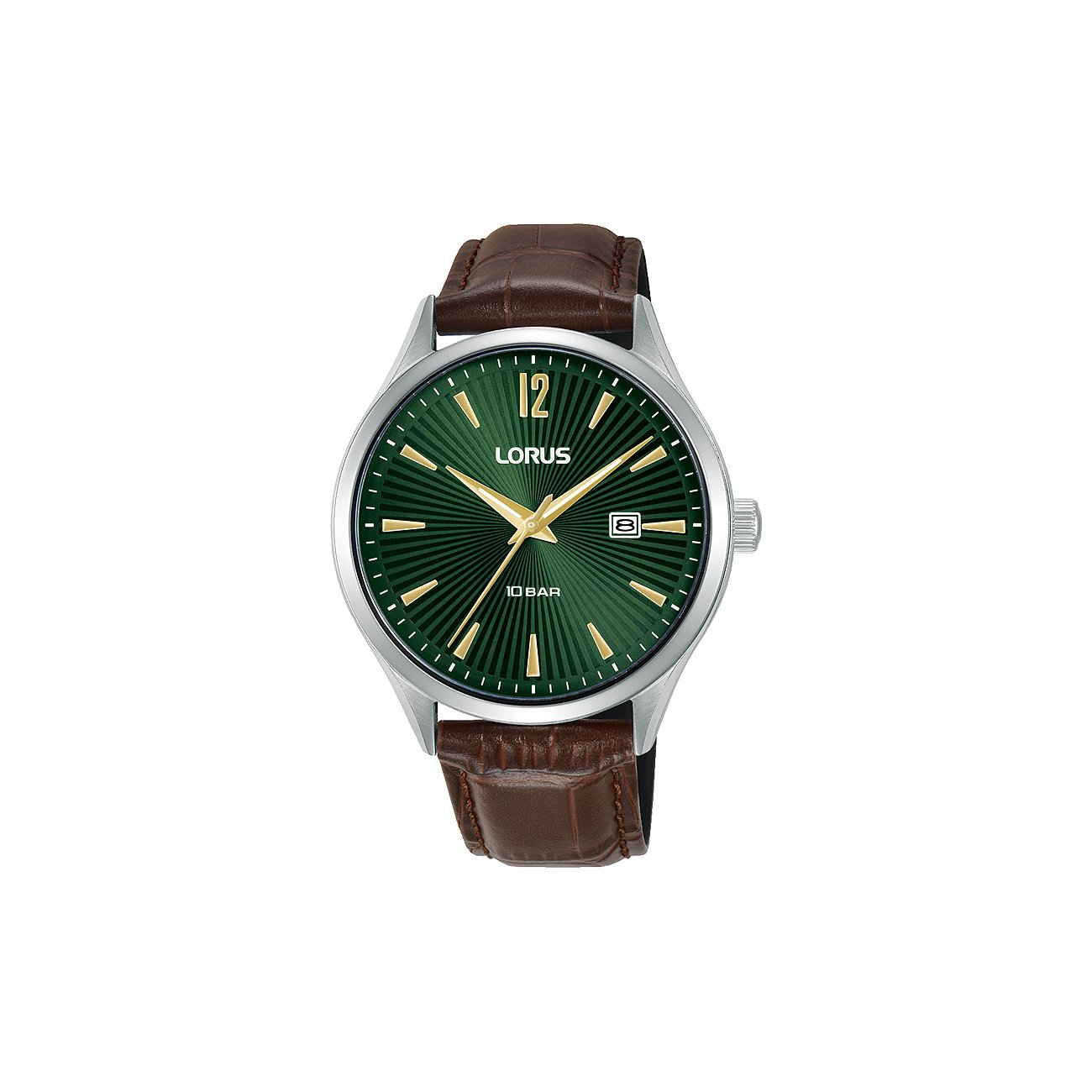 Lorus Herrenuhr aus Edelstahl mit braunem Lederarmband und grünem Zifferblatt mit goldenen Akzenten.