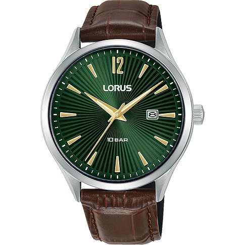 Lorus Herrenuhr aus Edelstahl mit braunem Lederarmband und grünem Zifferblatt mit goldenen Akzenten.
