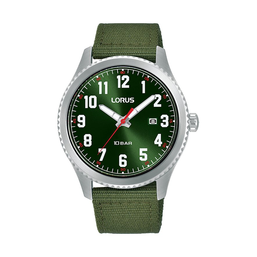 Lorus herenhorloge edelstaal met olijfgroene textielband en groene wijzerplaat met Arabische cijfers.