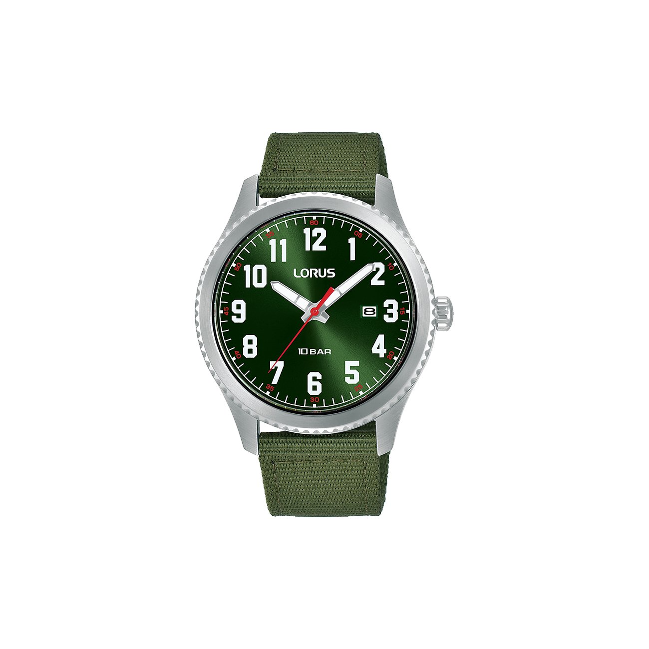 Lorus herenhorloge edelstaal met olijfgroene textielband en groene wijzerplaat met Arabische cijfers.