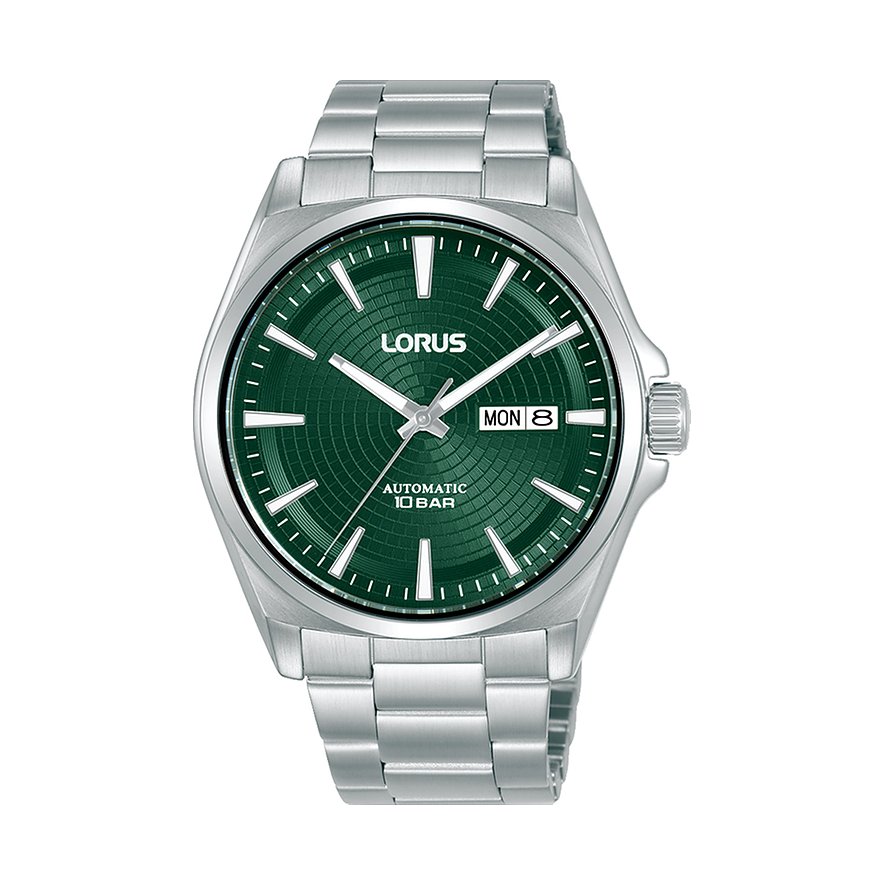 Lorus herrklocka i rostfritt stål med automatiskt urverk och grön urtavla med dag- och datumvisning.