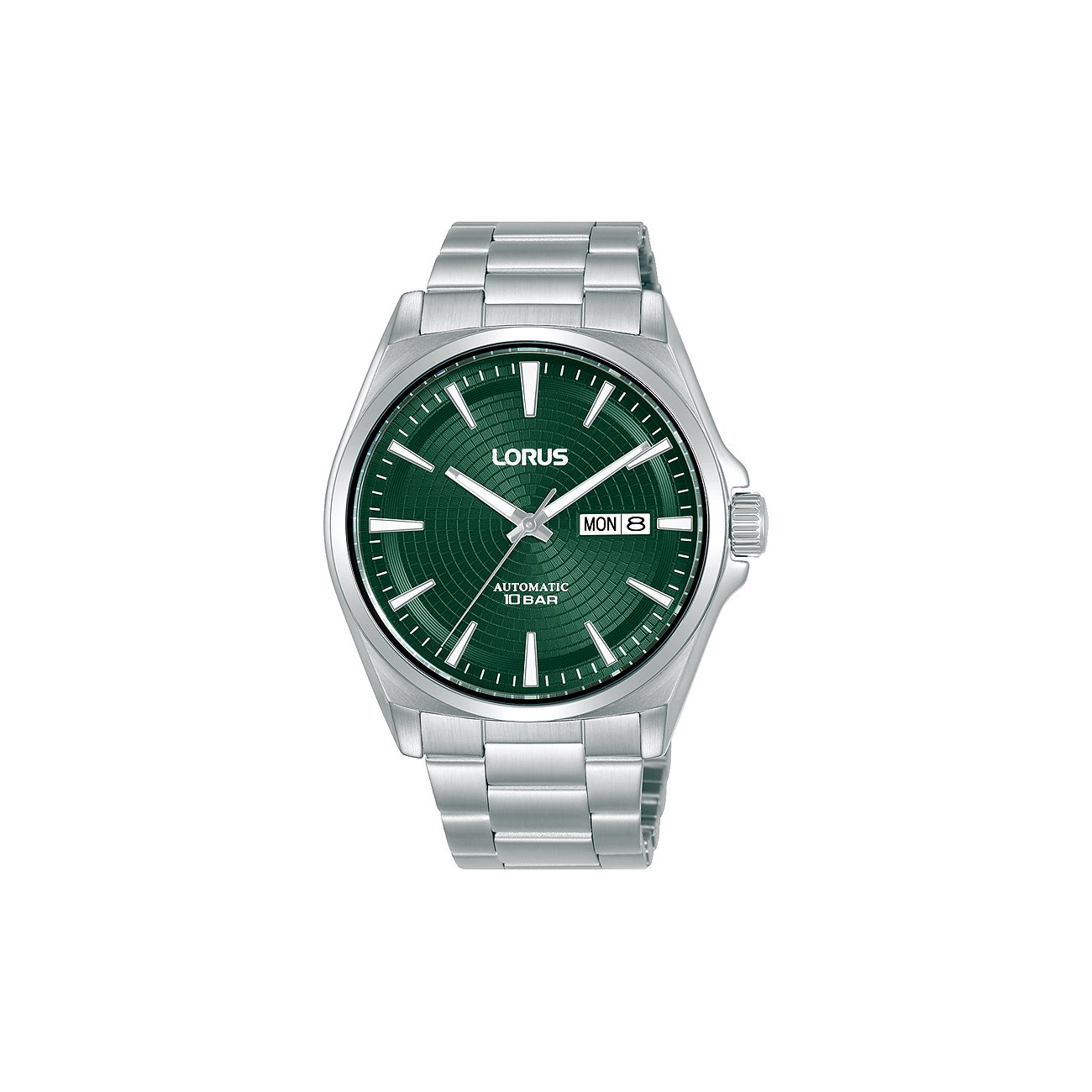 Lorus herrklocka i rostfritt stål med automatiskt urverk och grön urtavla med dag- och datumvisning.