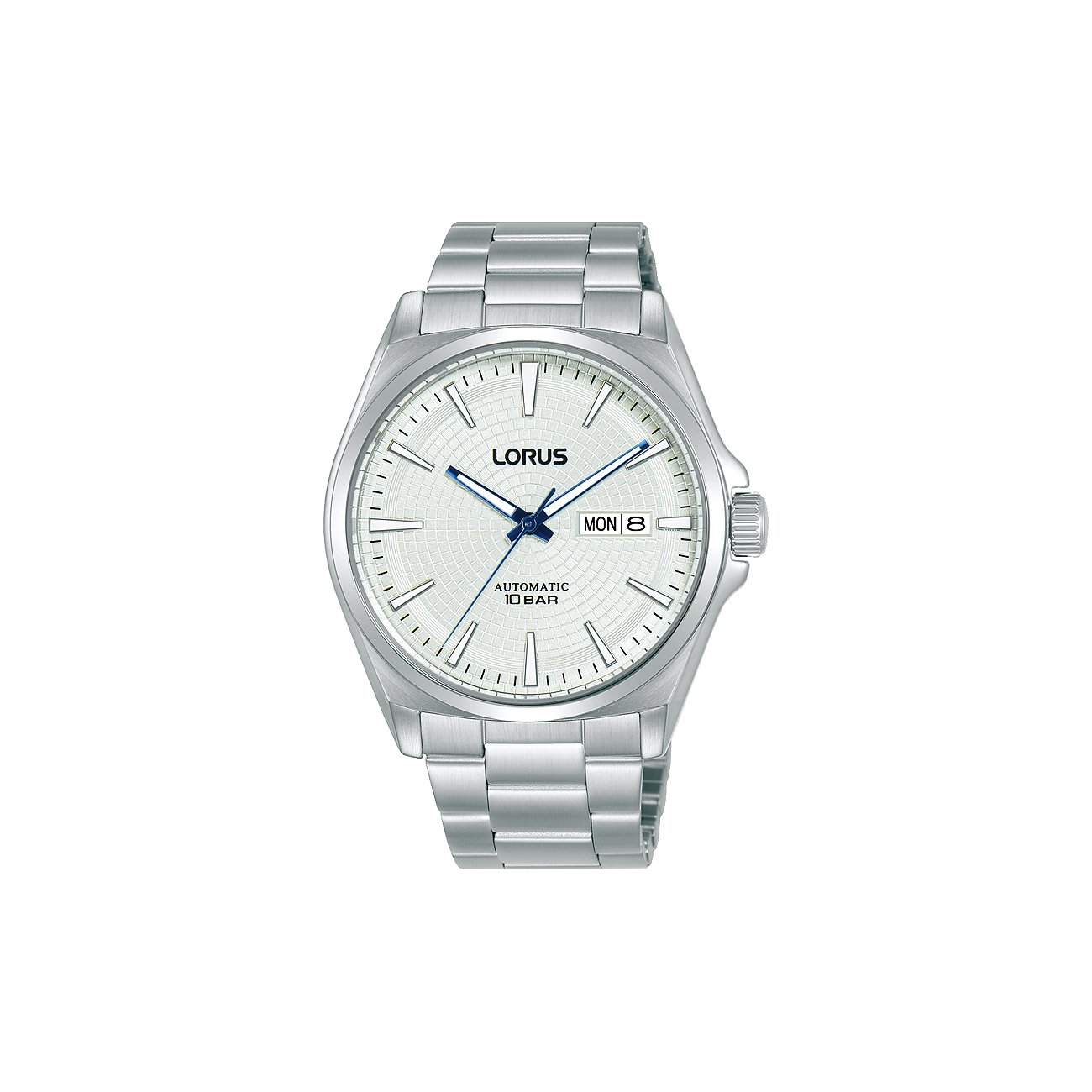 Lorus herrklocka i rostfritt stål med ljus urtavla och datumvisning, lätt snett framifrån.