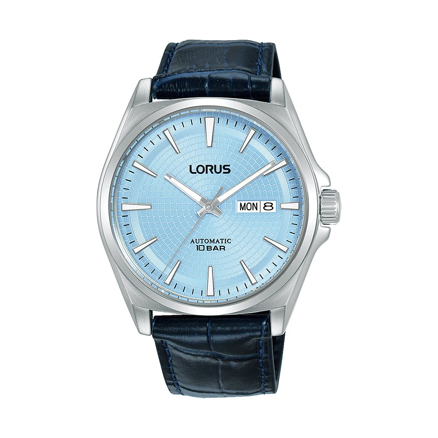 Lorus herrklocka i rostfritt stål med ljusblå urtavla och mörkblått läderarmband, framifrån.