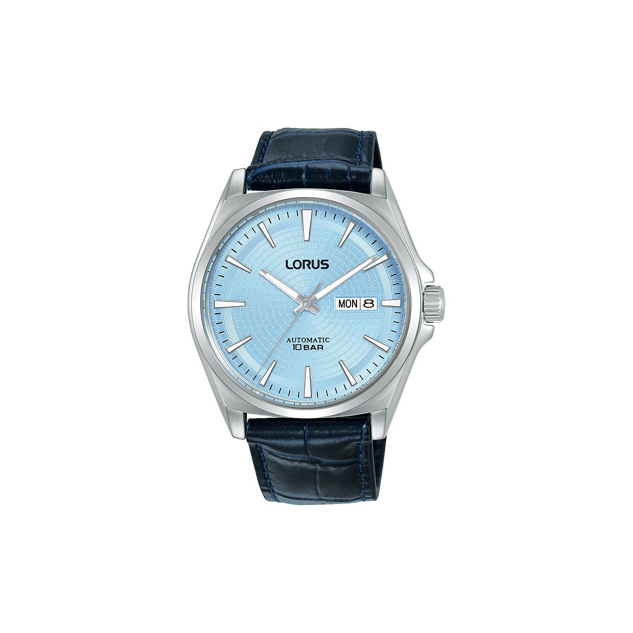 Lorus herrklocka i rostfritt stål med ljusblå urtavla och mörkblått läderarmband, framifrån.