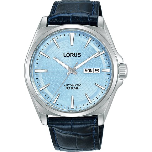 Lorus herenhorloge edelstaal, lichtblauwe wijzerplaat en donkerblauwe lederen band, vooraanzicht.