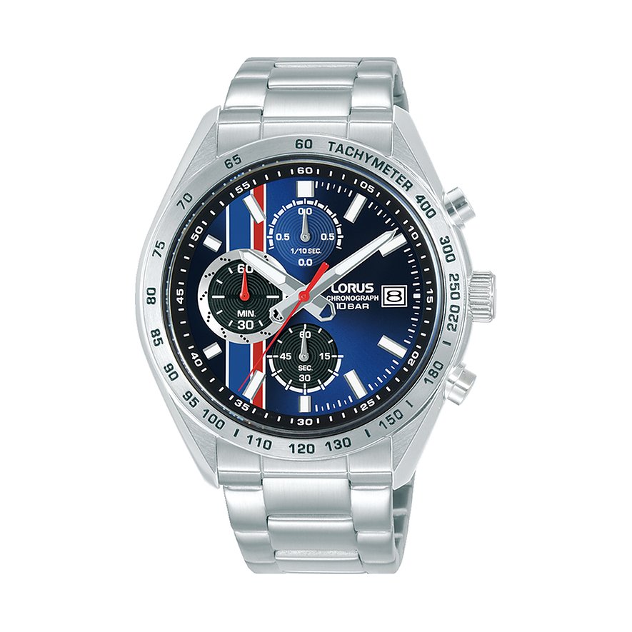 Lorus herenhorloge edelstaal, chronograaf, blauwe wijzerplaat met rode en witte strepen.