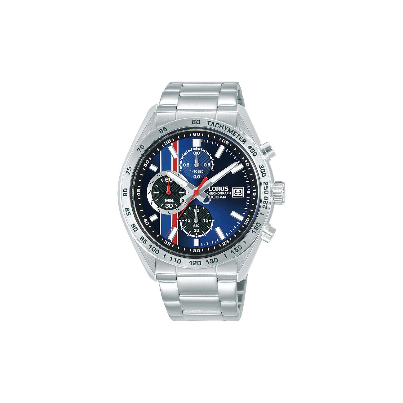 Lorus herenhorloge edelstaal, chronograaf, blauwe wijzerplaat met rode en witte strepen.