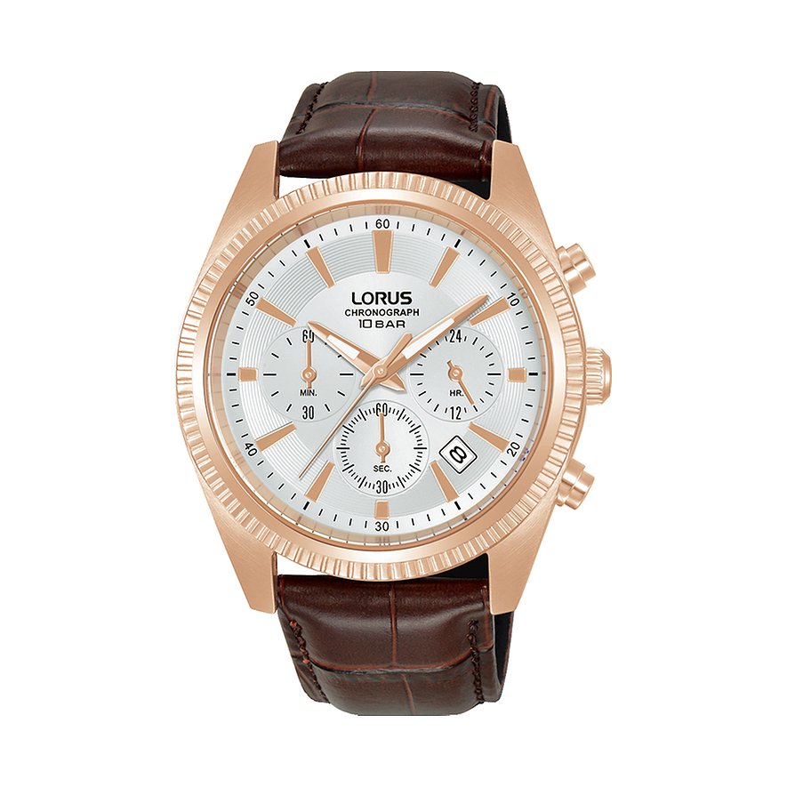 Lorus herrklocka i roséguldfärgat rostfritt stål med vit urtavla och brunt krokodilläderarmband.