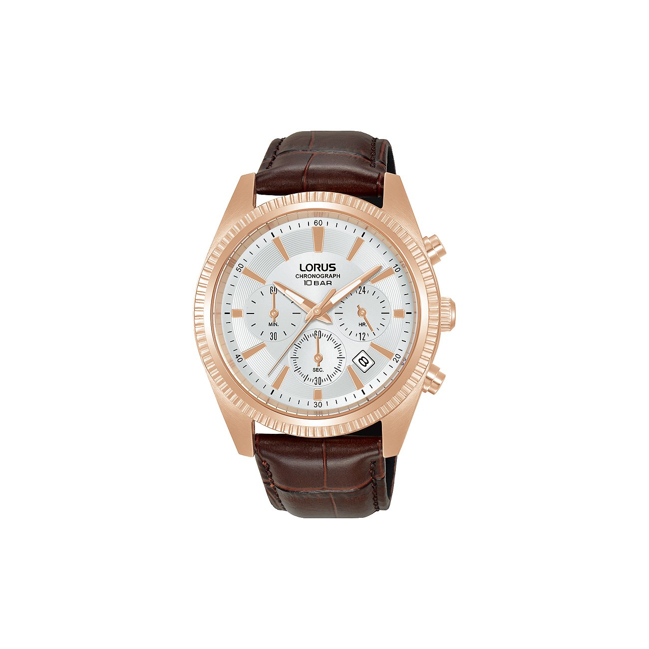 Lorus herrklocka i roséguldfärgat rostfritt stål med vit urtavla och brunt krokodilläderarmband.