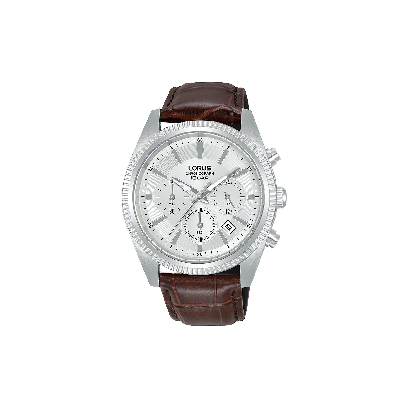 Lorus herrklocka i rostfritt stål med brunt krokopräglat armband. Den har en silverfärgad urtavla och kronografer.