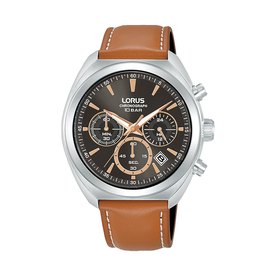 Lorus herenhorloge van roestvrij staal met bruine lederen band en zwarte wijzerplaat, chronograaf en datumweergave.