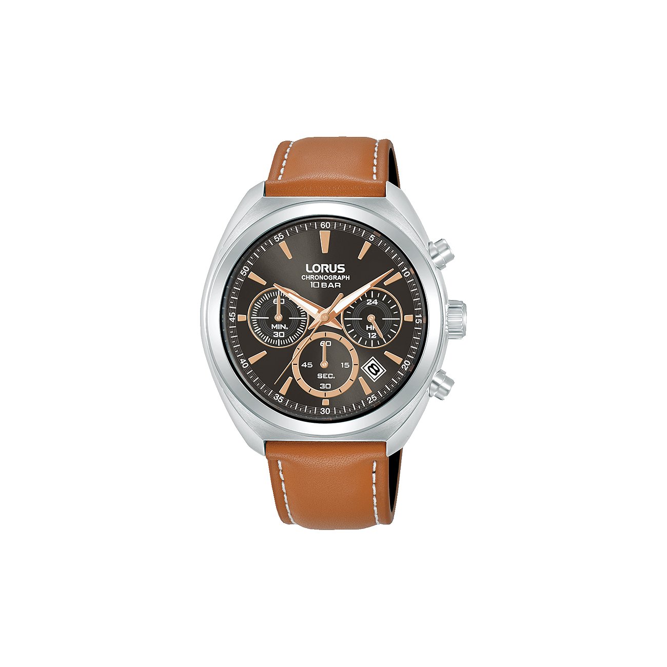 Lorus herenhorloge van roestvrij staal met bruine lederen band en zwarte wijzerplaat, chronograaf en datumweergave.