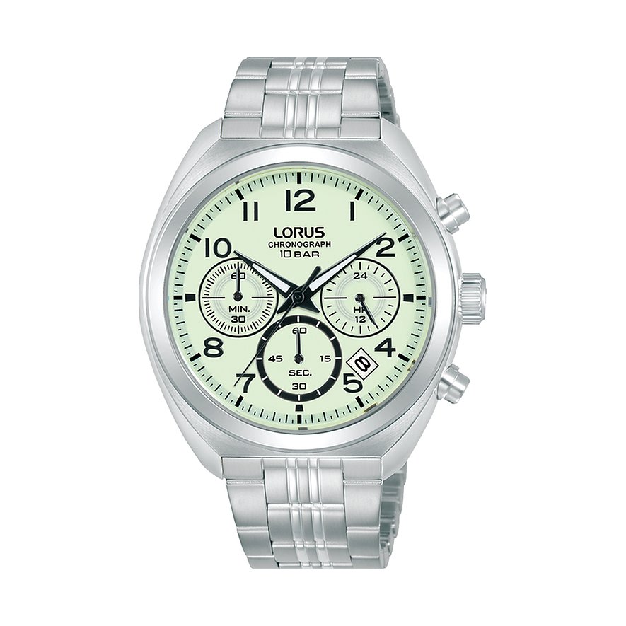 Lorus Herrenuhr aus Edelstahl mit hellem, leuchtendem Zifferblatt und Chronographenfunktionen, von oben gesehen.