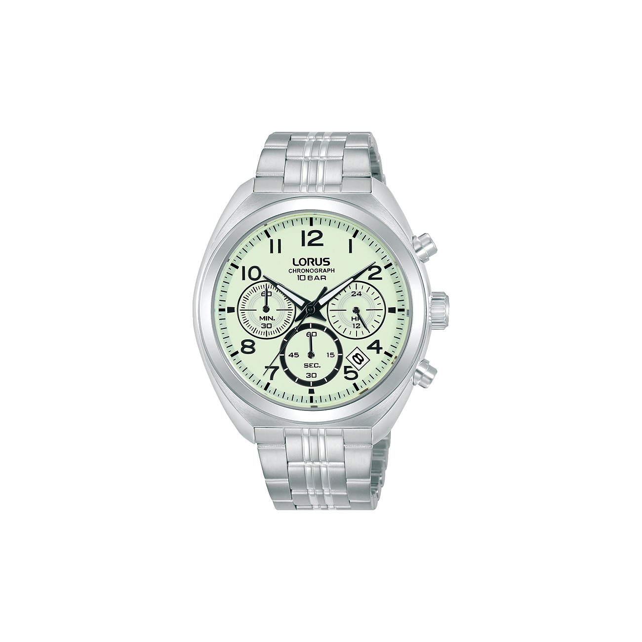 Lorus Herrenuhr aus Edelstahl mit hellem, leuchtendem Zifferblatt und Chronographenfunktionen, von oben gesehen.