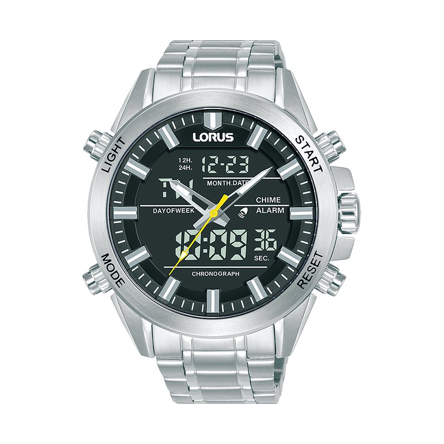 Lorus Herrenuhr aus Edelstahl mit analoger und digitaler Anzeige, Chronograph und schwarzen Zifferblatt.