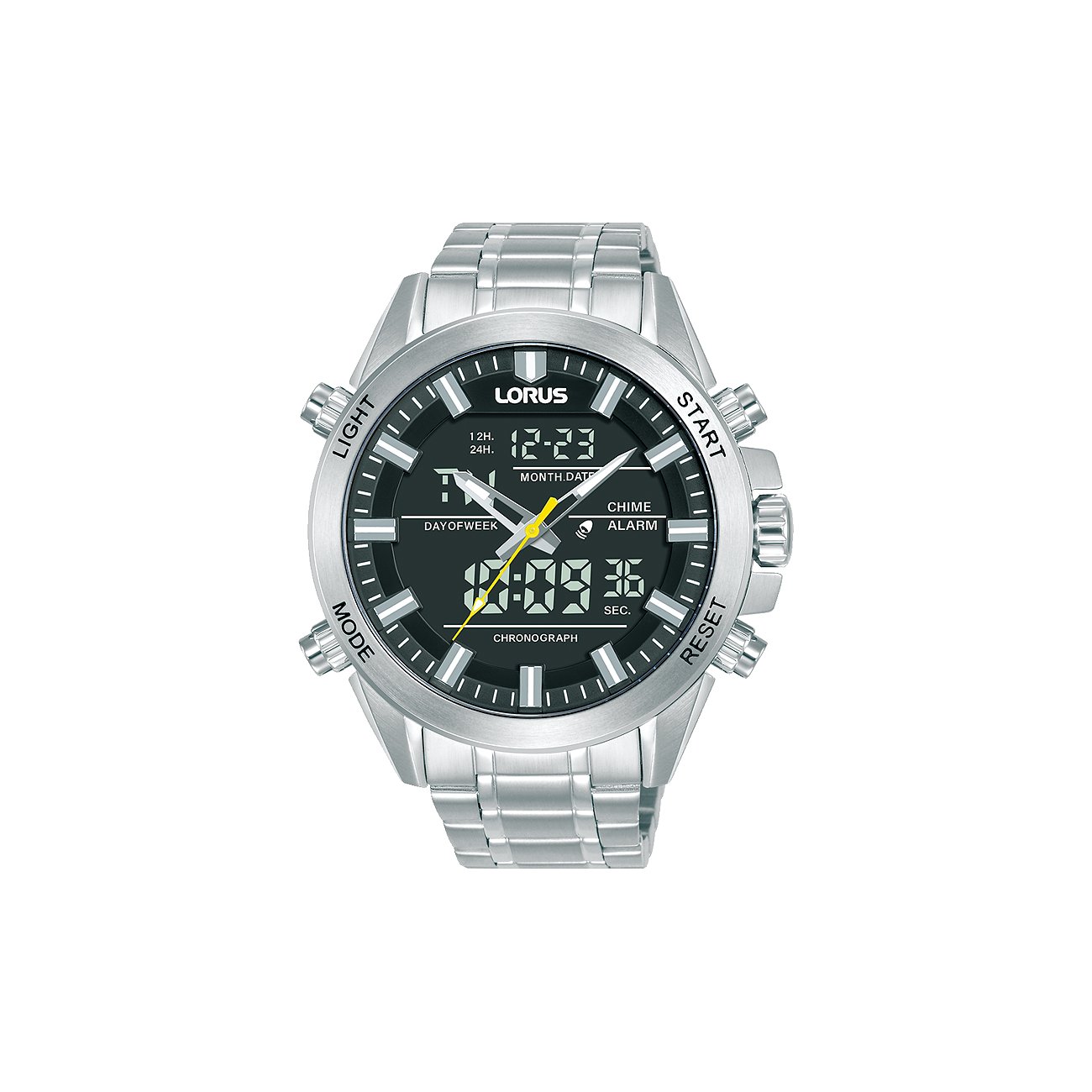 Lorus Herrenuhr aus Edelstahl mit analoger und digitaler Anzeige, Chronograph und schwarzen Zifferblatt.