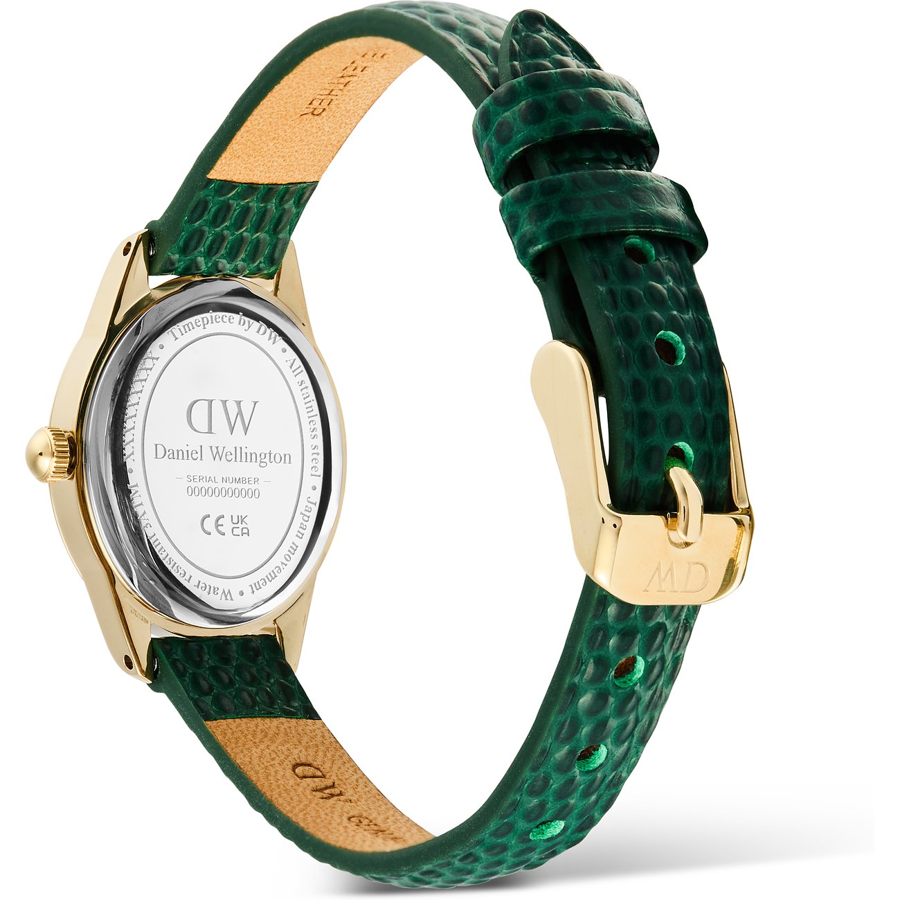 Die Rückseite einer Daniel Wellington Damenuhr mit goldenem Gehäuse und grünem Lederarmband, Verschluss sichtbar.