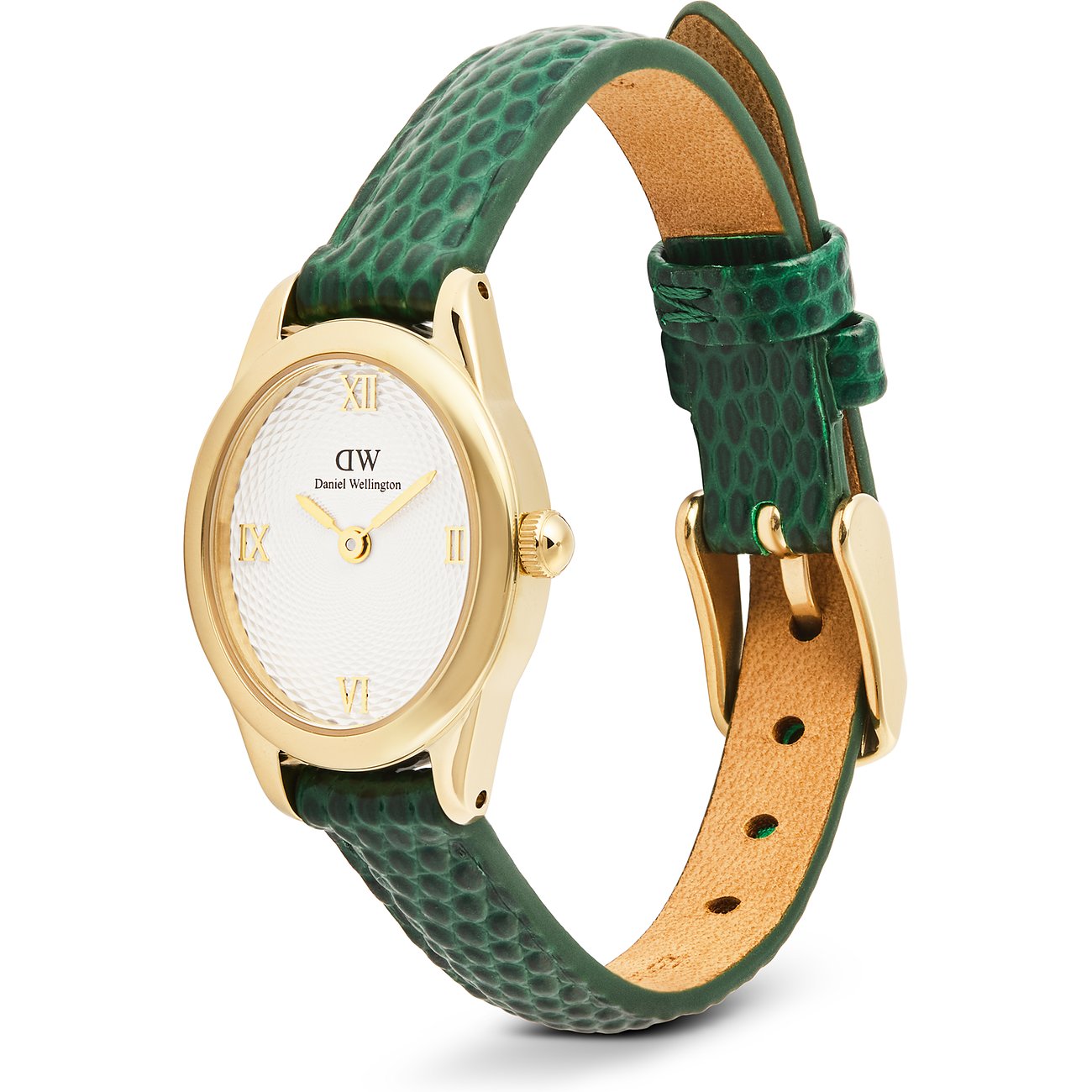 Eine Daniel Wellington Damenuhr mit goldenem Gehäuse und einem grünen Lederarmband mit Schlangenmuster.