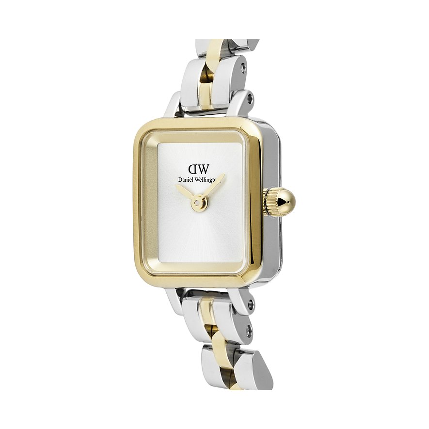 Daniel Wellington Damenarmbanduhr aus Edelstahl in Silber- und Goldtönen mit rechteckigem Zifferblatt.