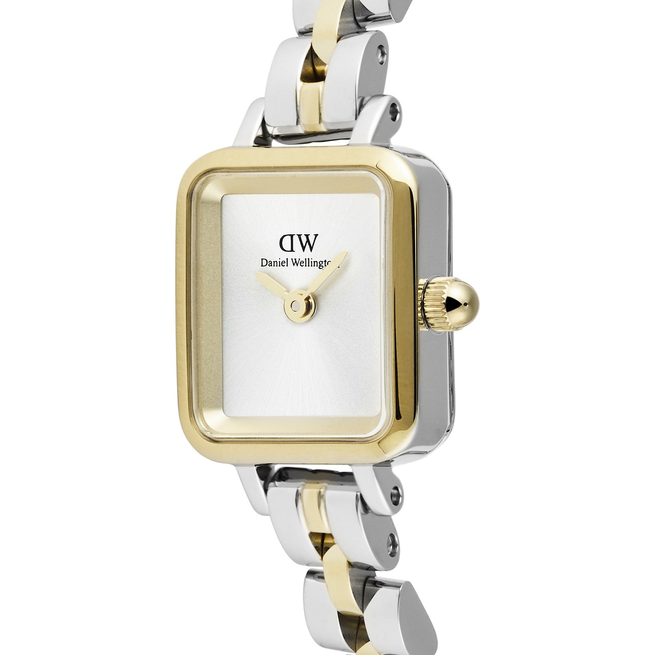 Daniel Wellington Damenarmbanduhr aus Edelstahl in Silber- und Goldtönen mit rechteckigem Zifferblatt.