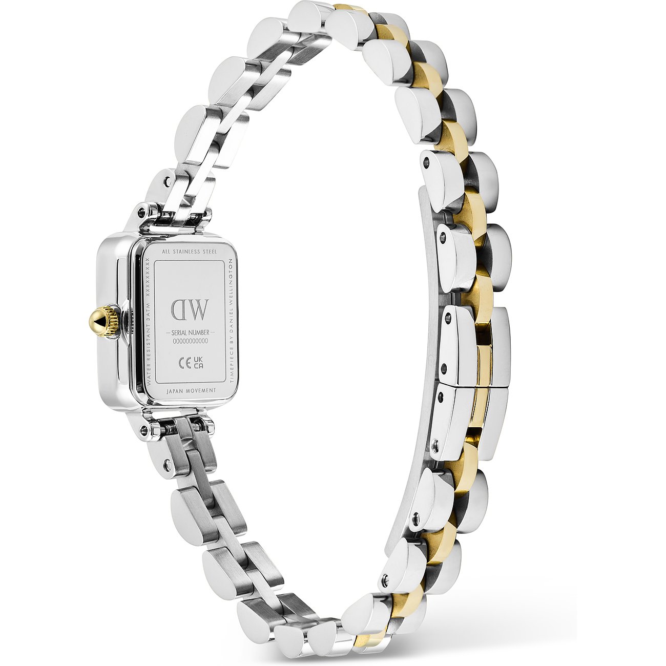 Rückseite einer Daniel Wellington Damenuhr aus Edelstahl mit rechteckigem Gehäuse und zweifarbigem gold-silbernem Armband.