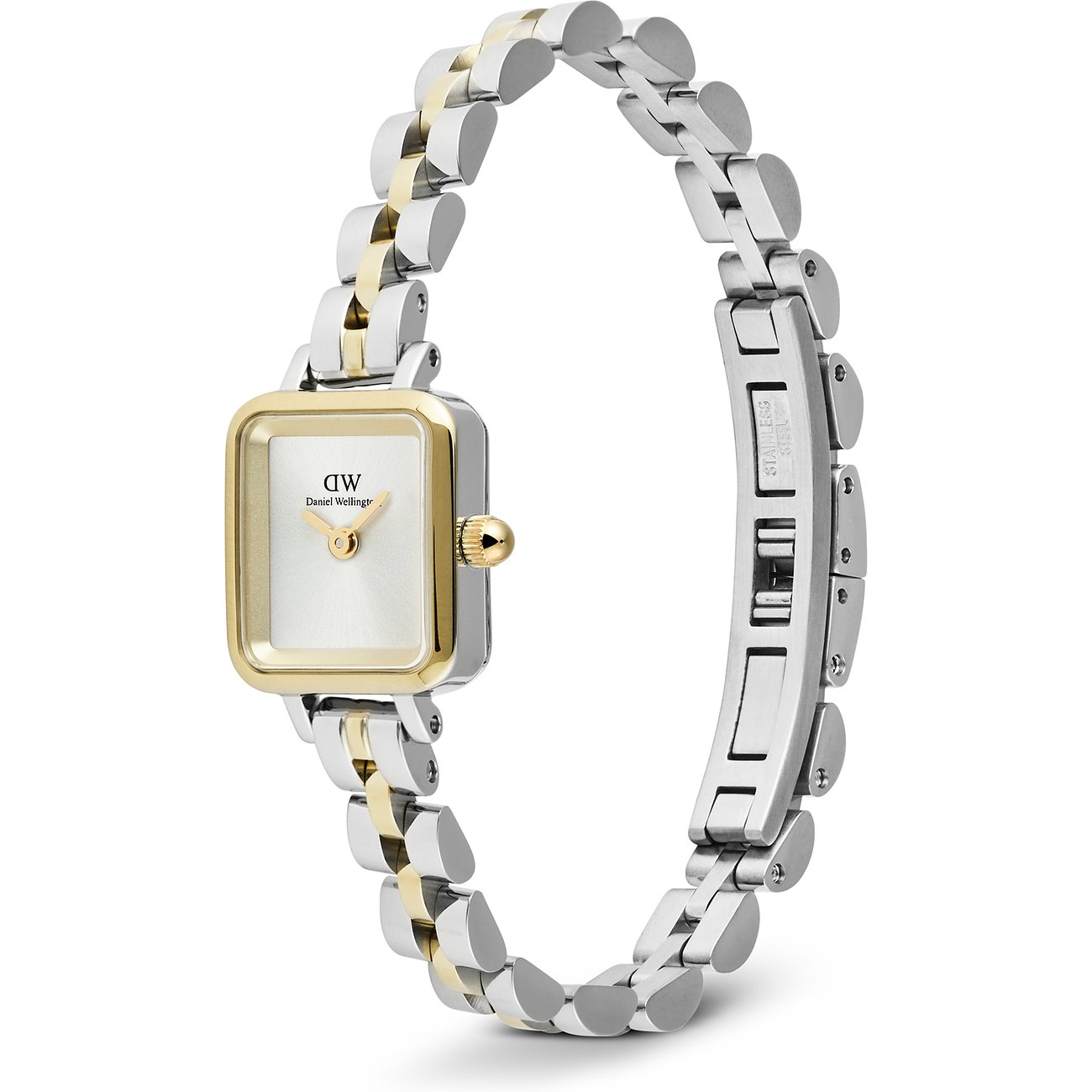 Eine rechteckige Daniel Wellington Damenuhr aus bicolor Edelstahl mit goldenem Metallgehäuse und hellem Zifferblatt.