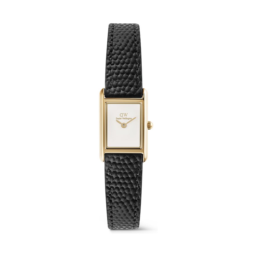Daniel Wellington Damenuhr: rechteckiges Zifferblatt, goldenes Gehäuse, schwarzes Lederarmband mit genarbter Textur.