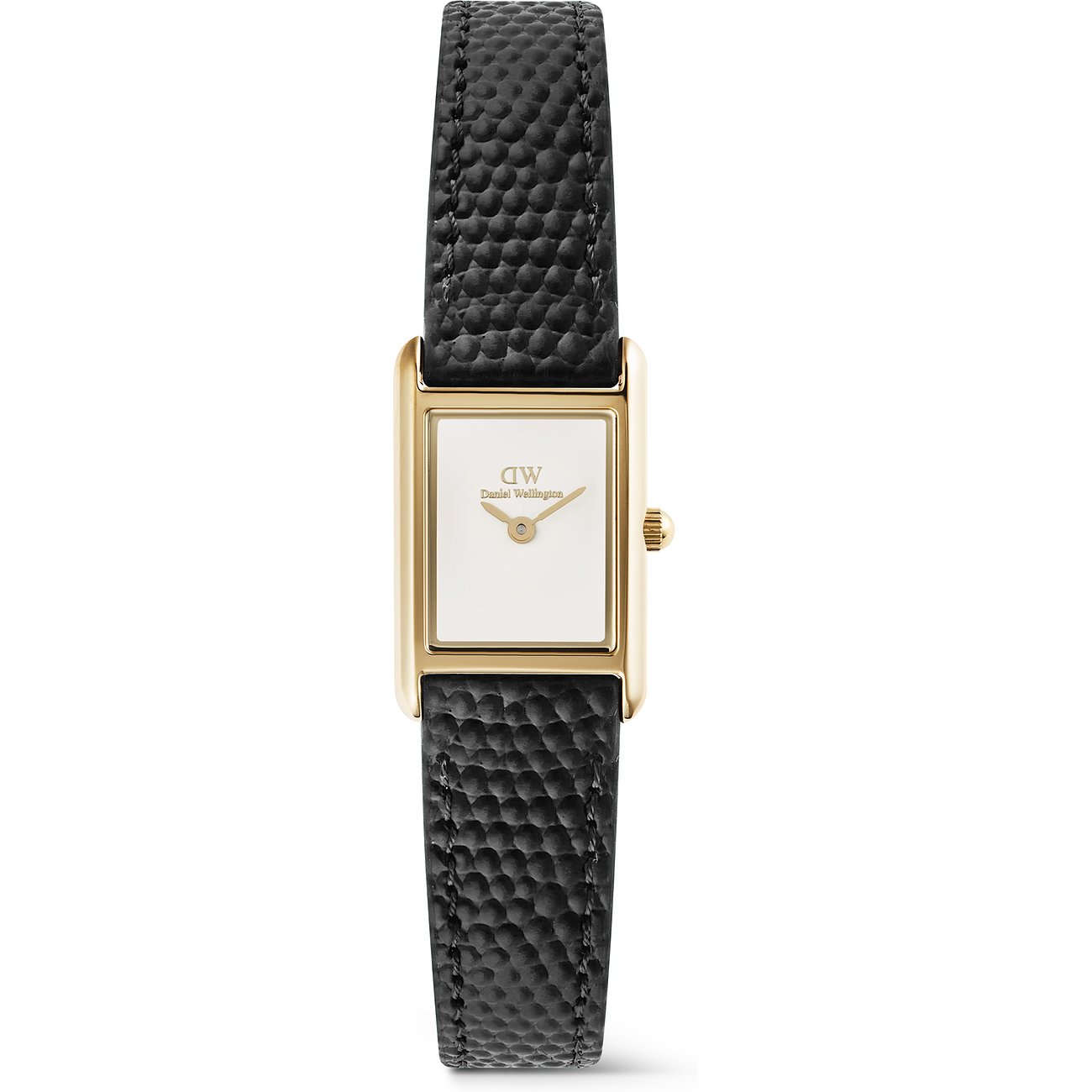 Daniel Wellington Damenuhr: rechteckiges Zifferblatt, goldenes Gehäuse, schwarzes Lederarmband mit genarbter Textur.
