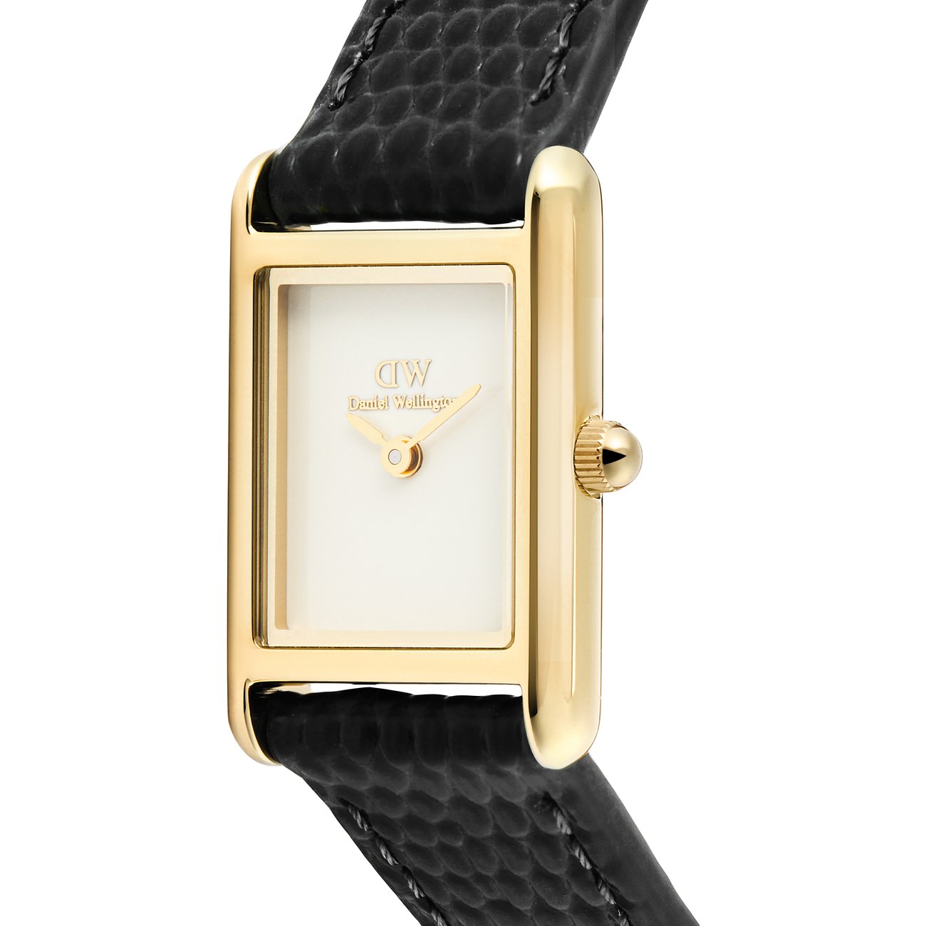 Die Daniel Wellington Damenuhr hat ein goldfarbenes rechteckiges Gehäuse und ein schwarzes Lederarmband.
