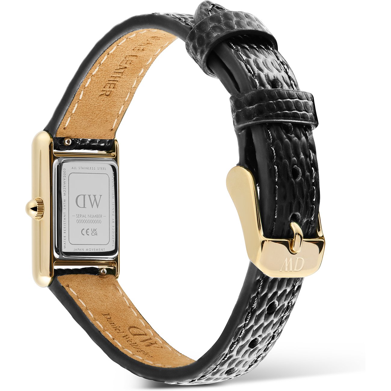 Rückseite einer Daniel Wellington Damenuhr aus Leder mit glänzender, schwarzer Außenseite und goldener Schließe.