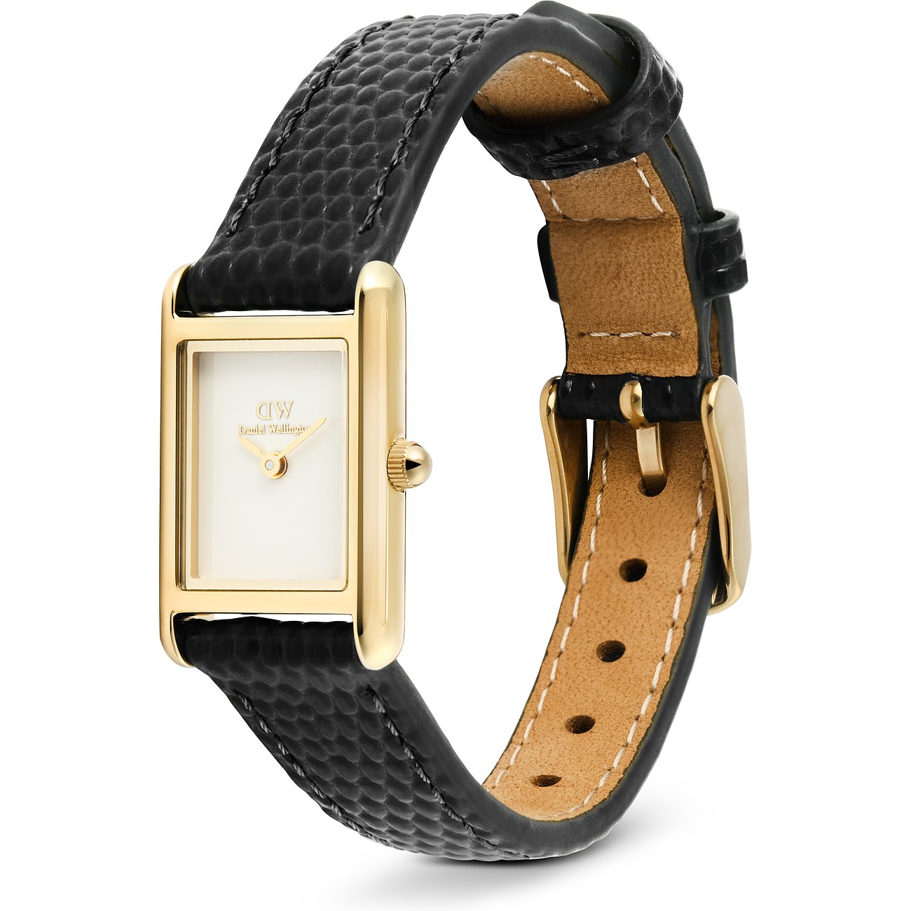 Eine Daniel Wellington Damenuhr mit rechteckigem Zifferblatt und einem schwarzen Lederband auf weißem Hintergrund.