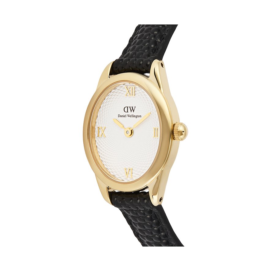 Daniel Wellington Damenuhr mit ovalem goldfarbenem Gehäuse, weißem Zifferblatt und schwarz geprägtem Lederarmband.