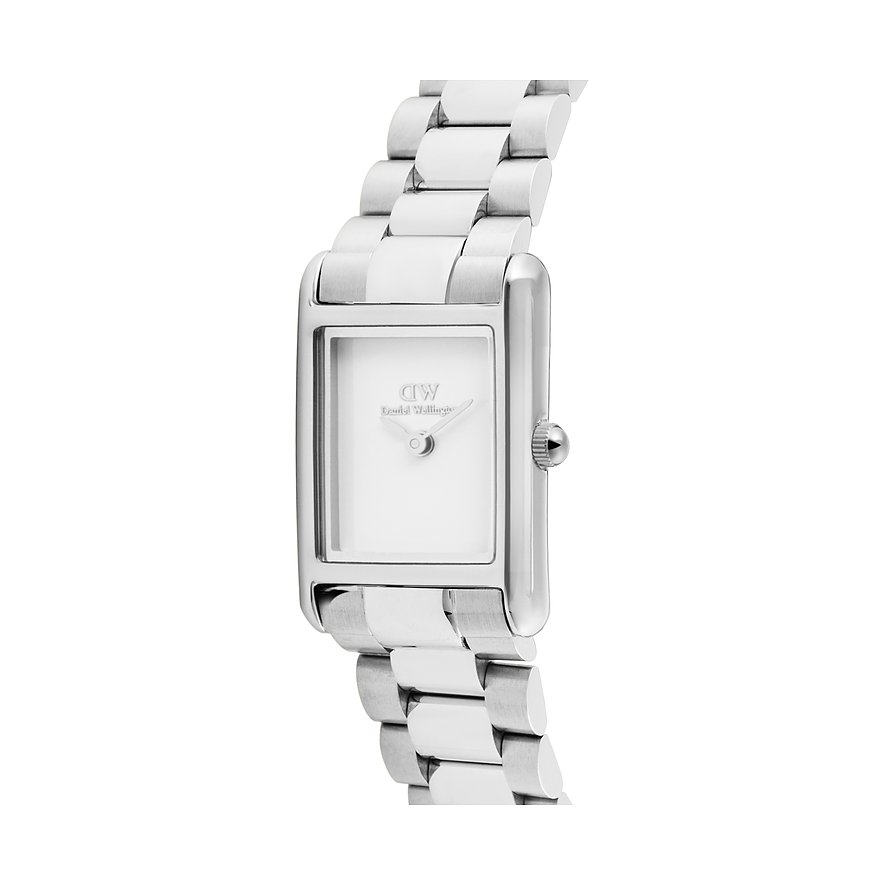 Die Daniel Wellington Damenuhr aus Edelstahl von vorne gesehen, mit einem rechteckigen weißen Zifferblatt und Gliederarmband.