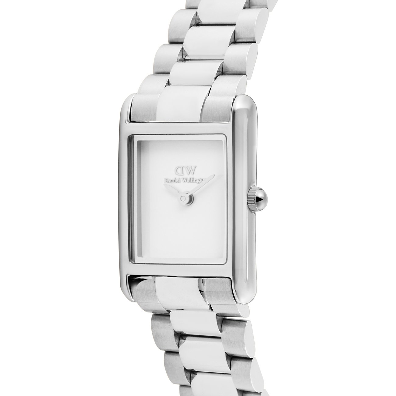 Die Daniel Wellington Damenuhr aus Edelstahl von vorne gesehen, mit einem rechteckigen weißen Zifferblatt und Gliederarmband.